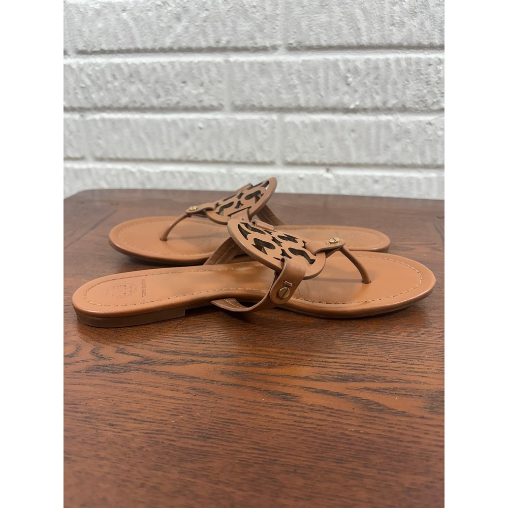 Tory Burch Miller Leather Logo Thong Sandals Tan Brown 9.5